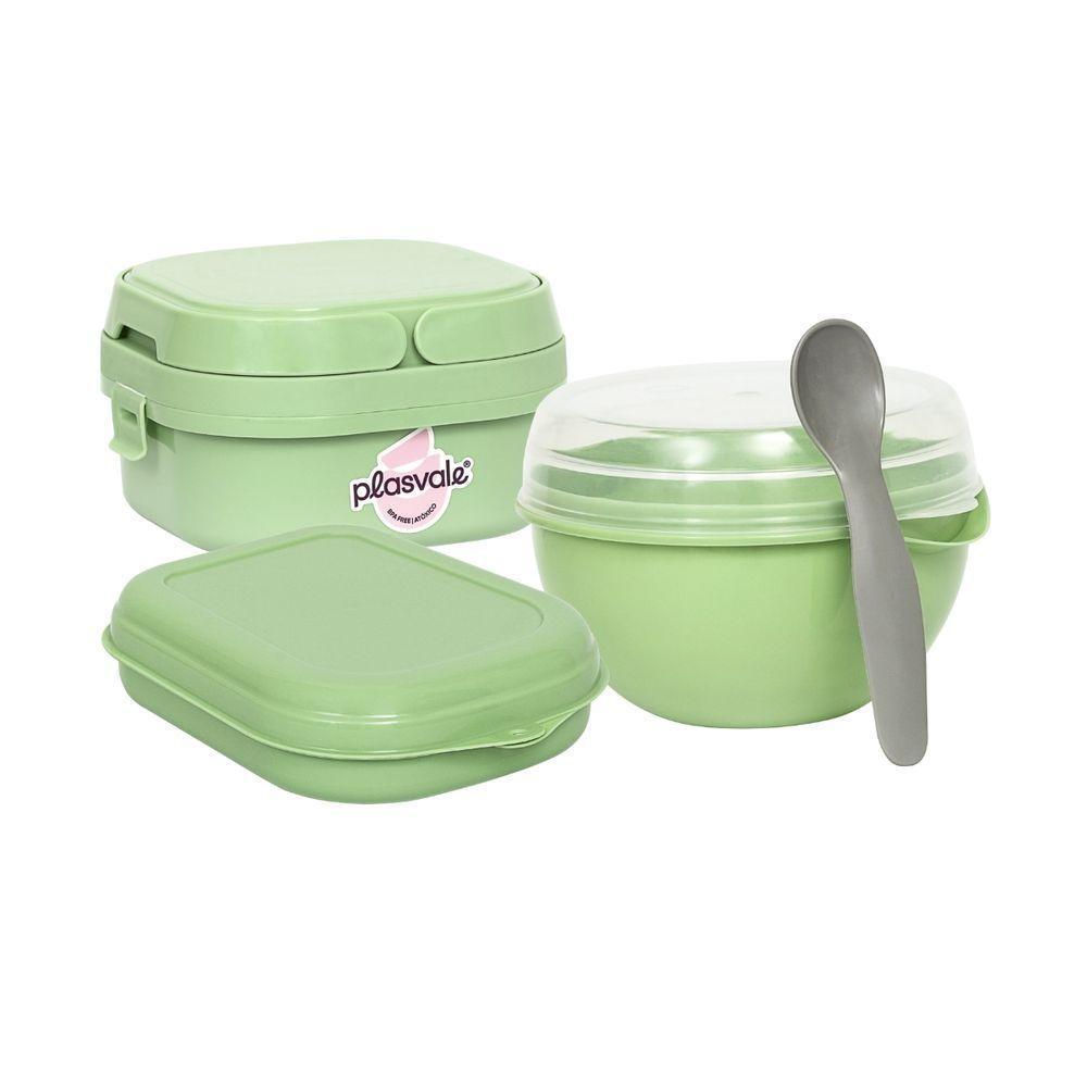 Kit Bowl 500ml Com Colher + Marmita Com 2 Compartimentos, Travas E Alças Plasvale + Sanduicheira Verde Oliva - 1