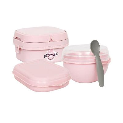 Kit Bowl 500ml Com Colher + Marmita Com 2 Compartimentos, Travas E Alças Plasvale + Sanduicheira Rosa Orquídea