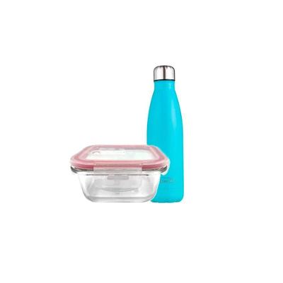 Pote Vidro Hermético Marmita 800ml Com Garrafa Térmica Azul