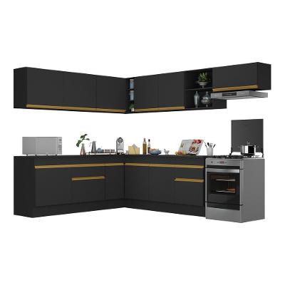 Armário de Cozinha Completa de Canto V2103 12 Portas 2 Gavetas MDF 272cm Preto-dourado