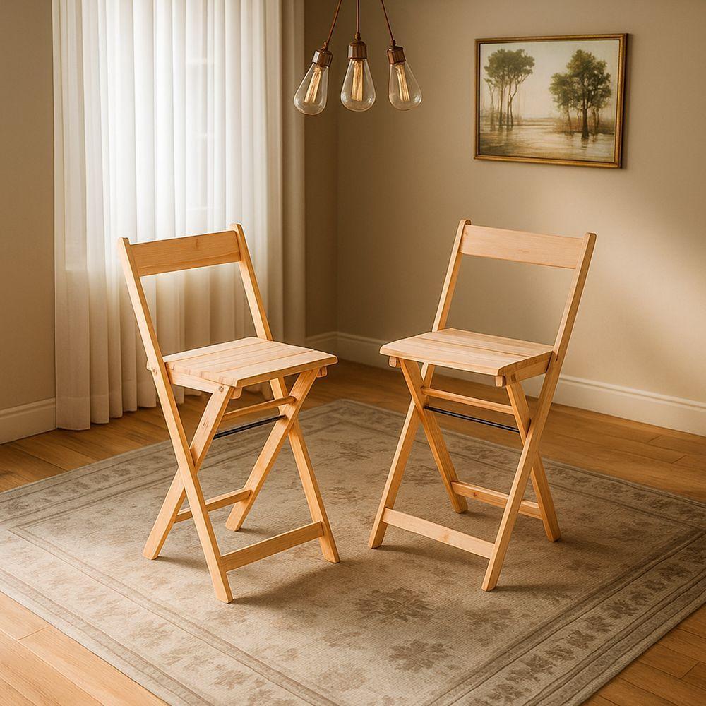 Conjunto 2 Banquetas Dobráveis Bistro E Balcão Em Madeira Natural - 2