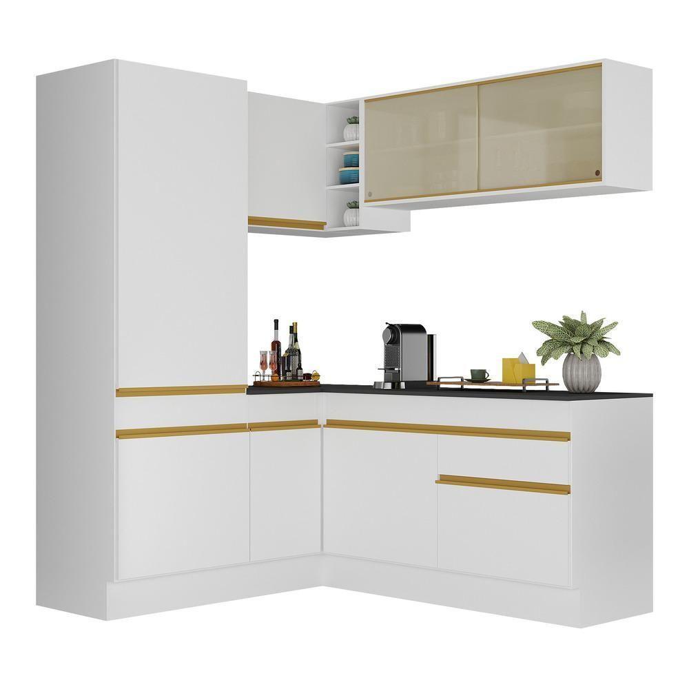 Armário De Cozinha Completa De Canto Com Rodapé Veneza Multimóveis V2088 Branco/dourado Branco/dourado - 1