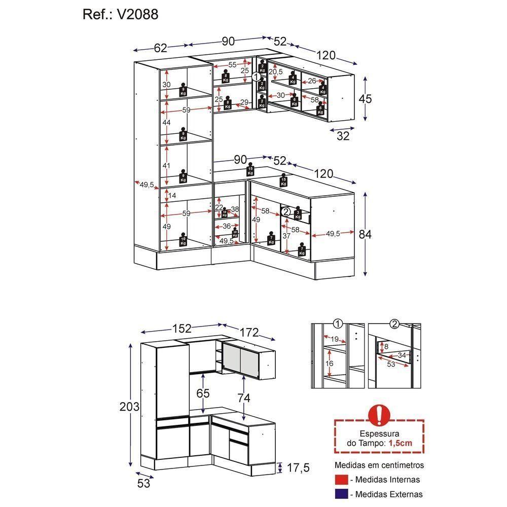 Armário De Cozinha Completa De Canto Com Rodapé Veneza Multimóveis V2088 Branco/dourado Branco/dourado - 4