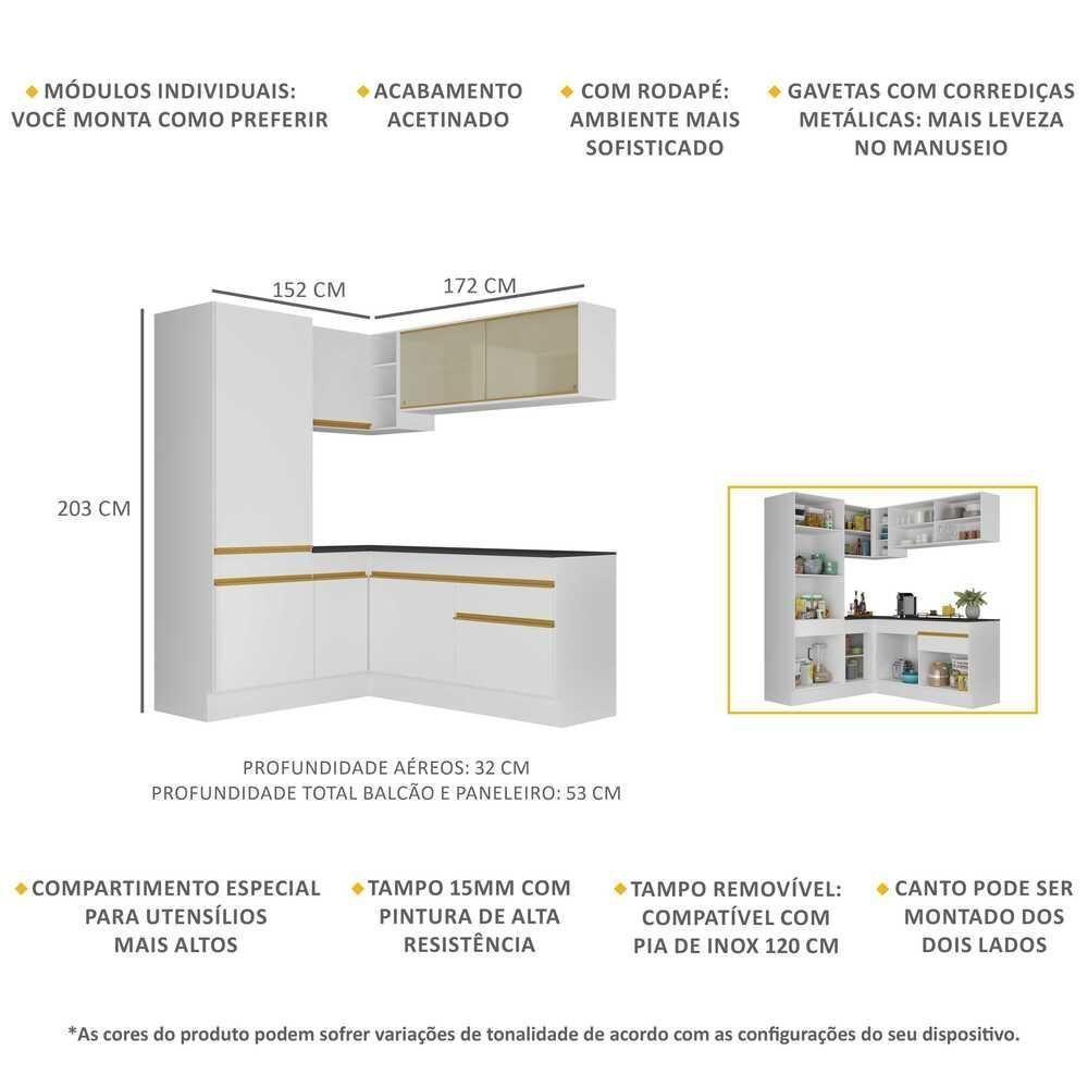 Armário De Cozinha Completa De Canto Com Rodapé Veneza Multimóveis V2088 Branco/dourado Branco/dourado - 5