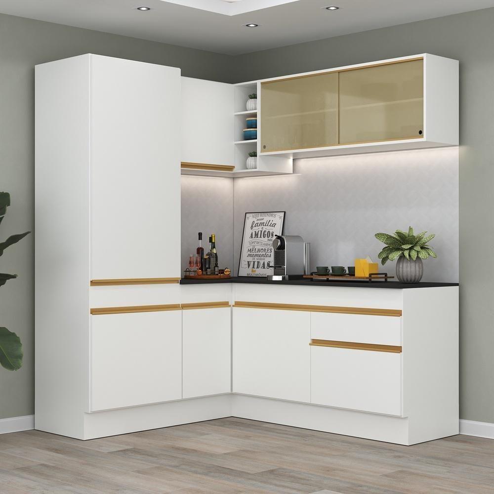 Armário De Cozinha Completa De Canto Com Rodapé Veneza Multimóveis V2088 Branco/dourado Branco/dourado - 6