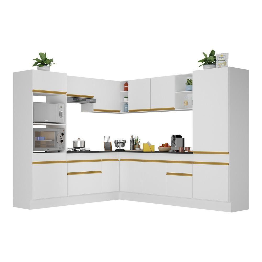Armário De Cozinha Completa De Canto Com Rodapé Veneza Multimóveis V2081 Branco/dourado Branco/dourado - 1