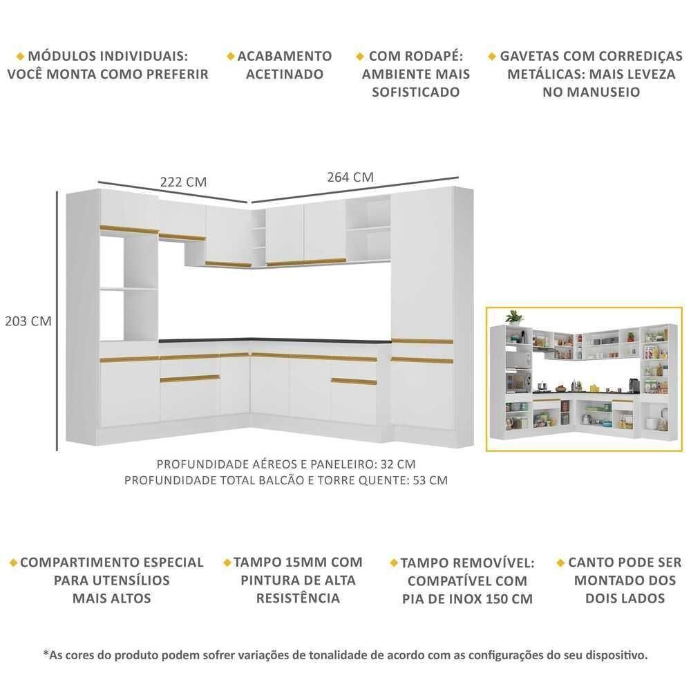 Armário De Cozinha Completa De Canto Com Rodapé Veneza Multimóveis V2082 Branco/dourado Branco/dourado - 5