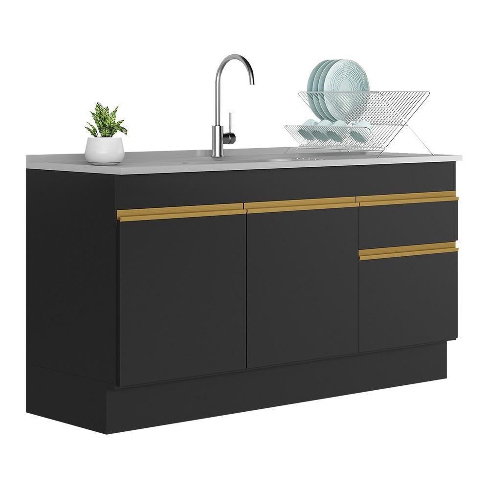 Balcão Cozinha Gabinete Pia 150cm Com Rodapé 3 Portas 1 Gaveta Veneza Multimóveis V2115 Preto/dourado Preto/dourado - 1