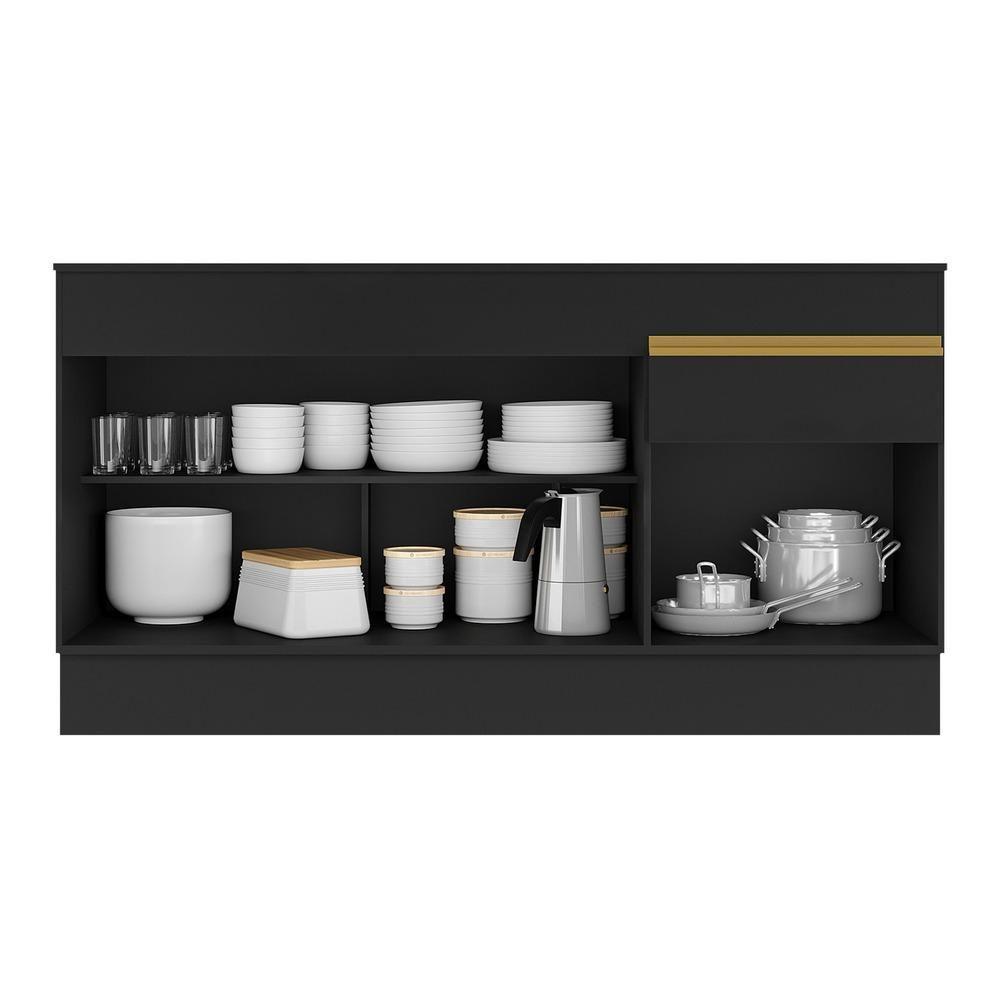 Balcão Cozinha Gabinete Pia 150cm Com Rodapé 3 Portas 1 Gaveta Veneza Multimóveis V2115 Preto/dourado Preto/dourado - 3