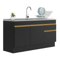 Balcão Cozinha Gabinete Pia 150cm Com Rodapé 3 Portas 1 Gaveta Veneza Multimóveis V2115 Preto/dourado Preto/dourado - 1