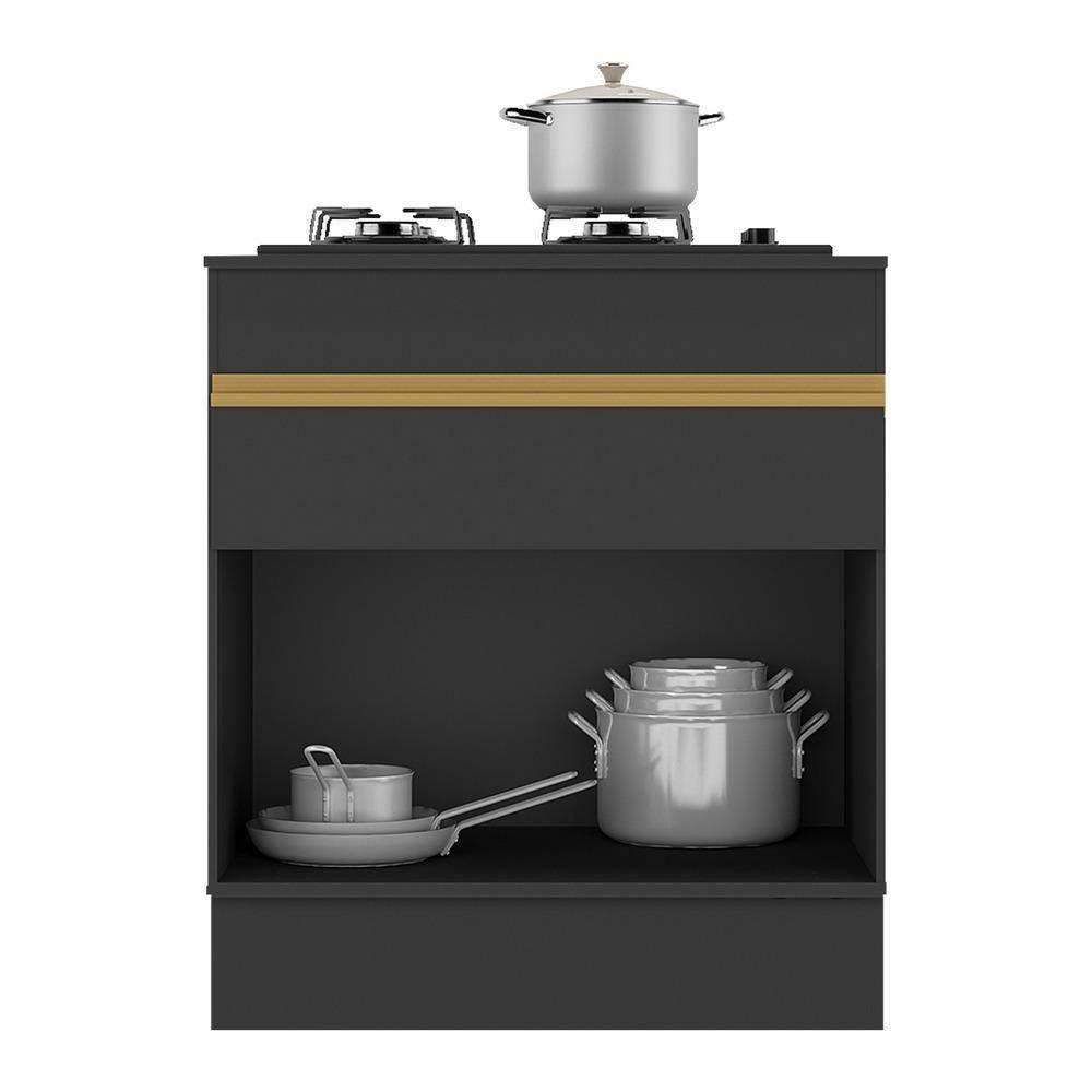 Balcão Cozinha Para Cooktop 70cm Com Rodapé 1 Porta 1 Gaveta Veneza Multimóveis V2118 Preto/dourado Preto/dourado - 3