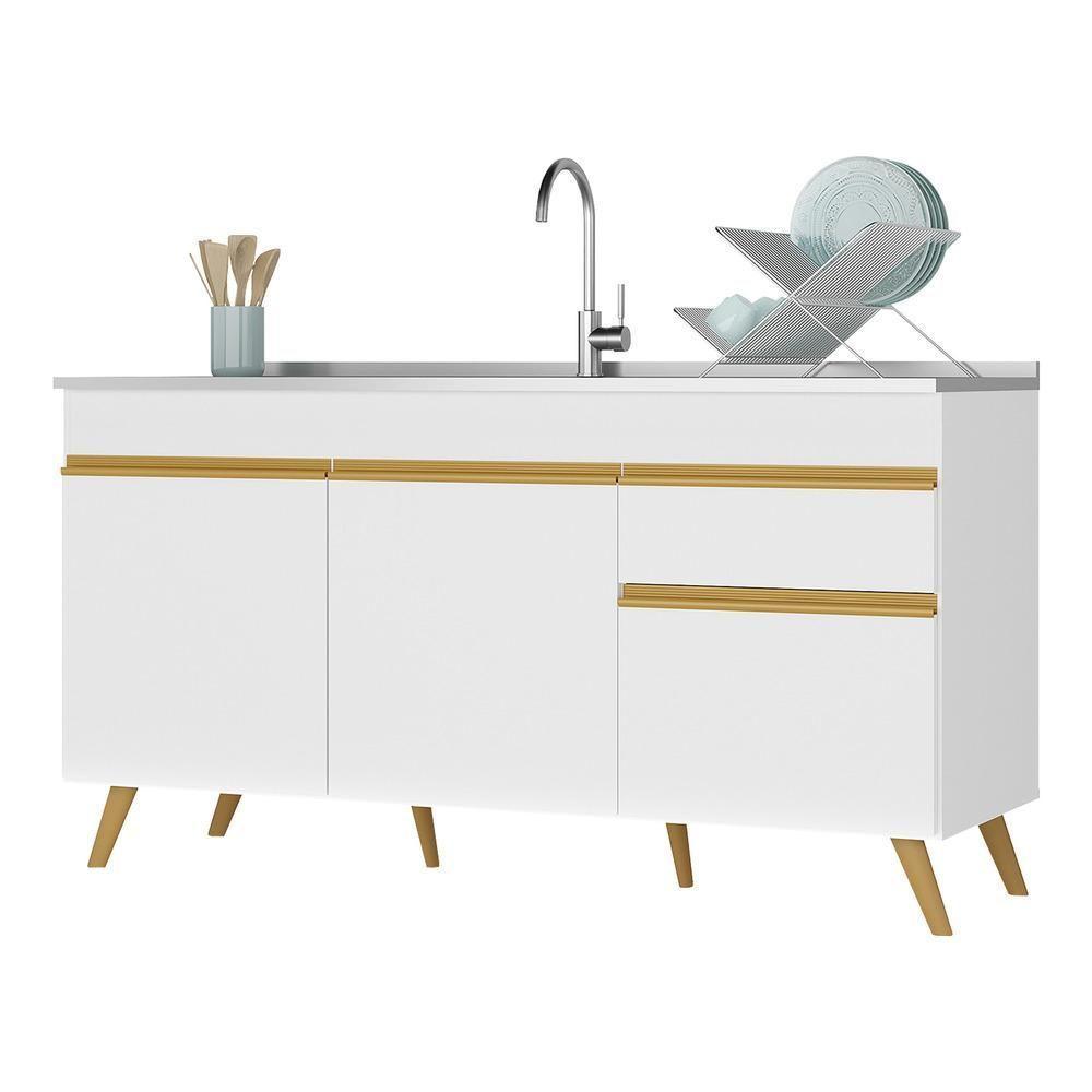 Balcão Cozinha Gabinete Pia 150cm 3 Portas 1 Gaveta Veneza Multimóveis V2072 Branco/dourado Branco/dourado - 1