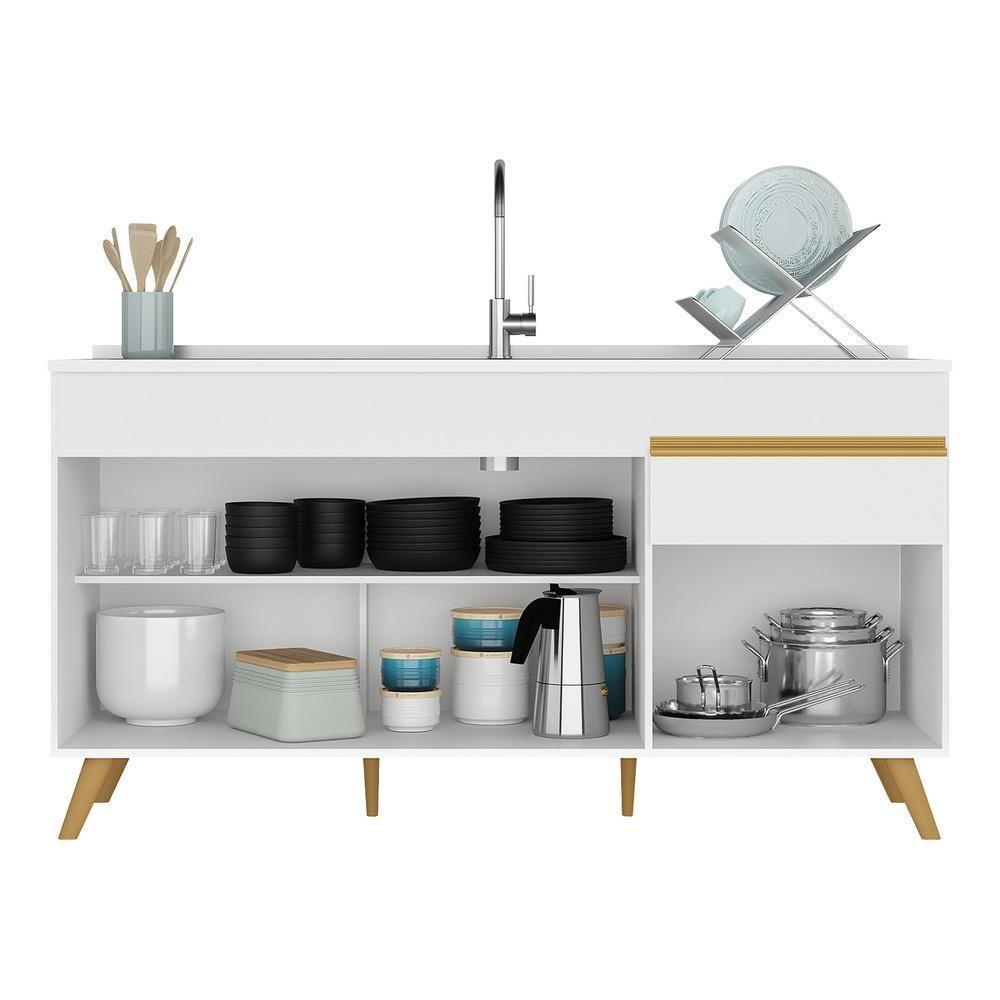 Balcão Cozinha Gabinete Pia 150cm 3 Portas 1 Gaveta Veneza Multimóveis V2072 Branco/dourado Branco/dourado - 3
