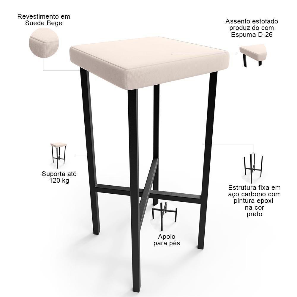 Banqueta Alta Bar Cozinha Sala De Jantar Preto Stella L02 Suede Bege - Lyam Decor - 4