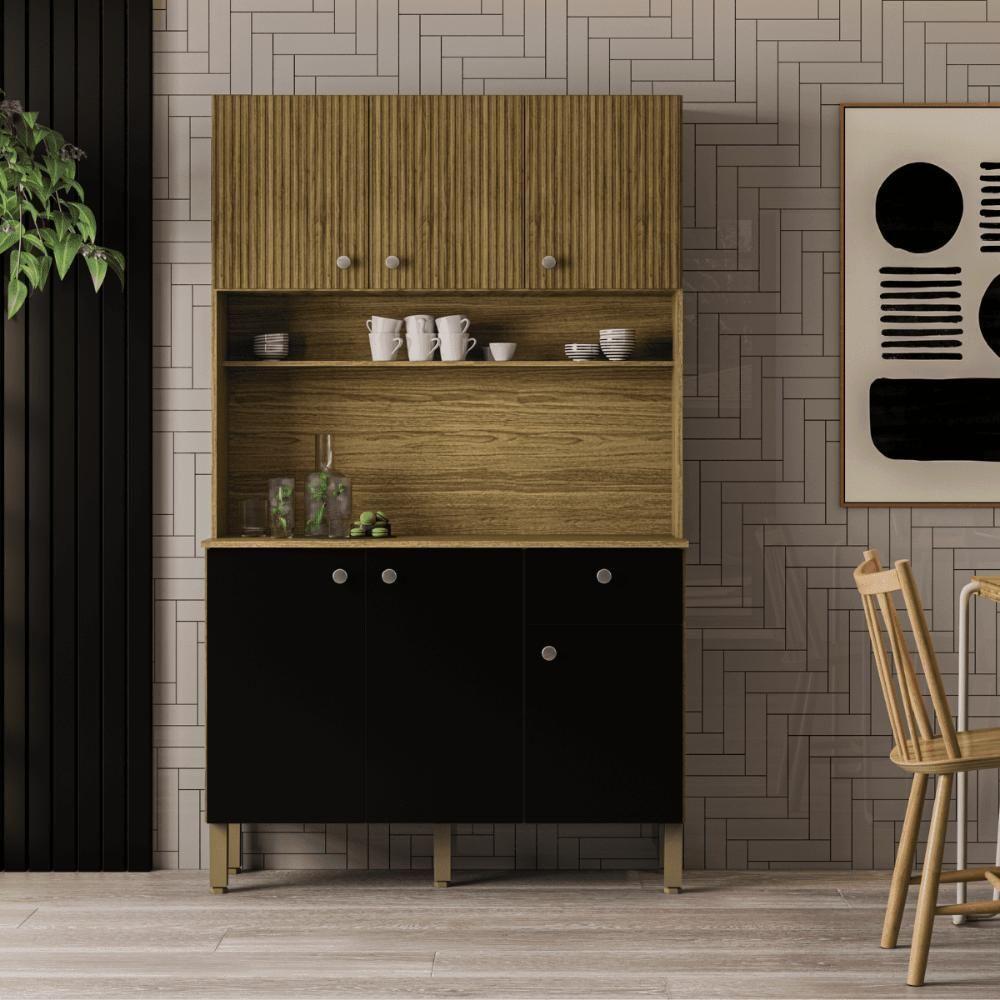 Cozinha C/ Portas E Gavetas Lusso Freijó / Nero / Ripado - 1