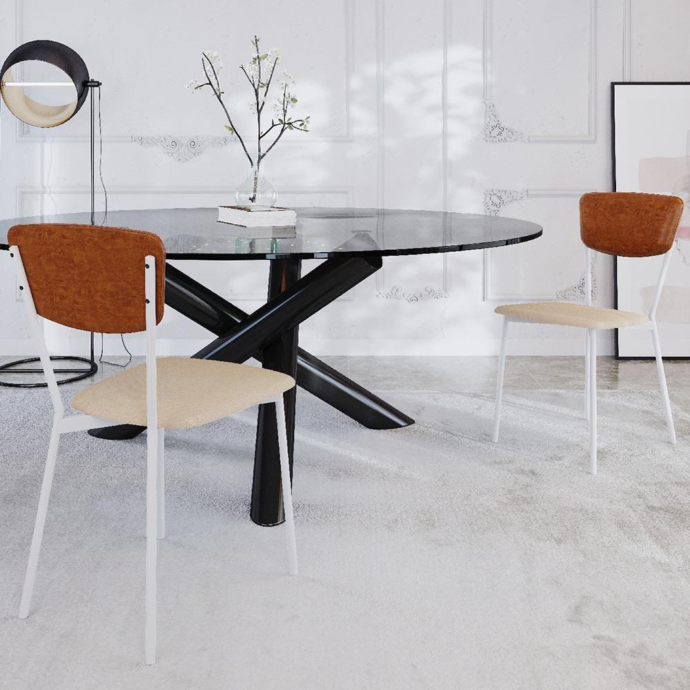 Cadeira Estofada Para Sala De Jantar Village Branco C01 Linho Areia Courino Caramelo - Lyam Decor - 2