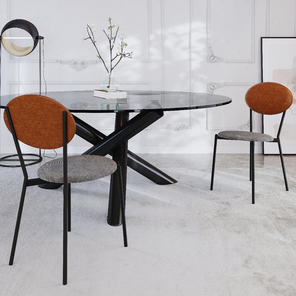 Cadeira Estofada Para Sala De Jantar Azuri Preto C01 Linho Prata Courino Caramelo - Lyam Decor - 2