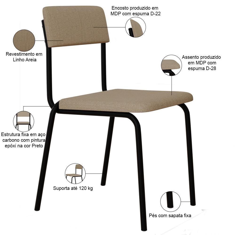 Kit 02 Cadeiras Estofada Para Sala De Jantar Sense Preto C01 Linho Areia - Lyam Decor - 4