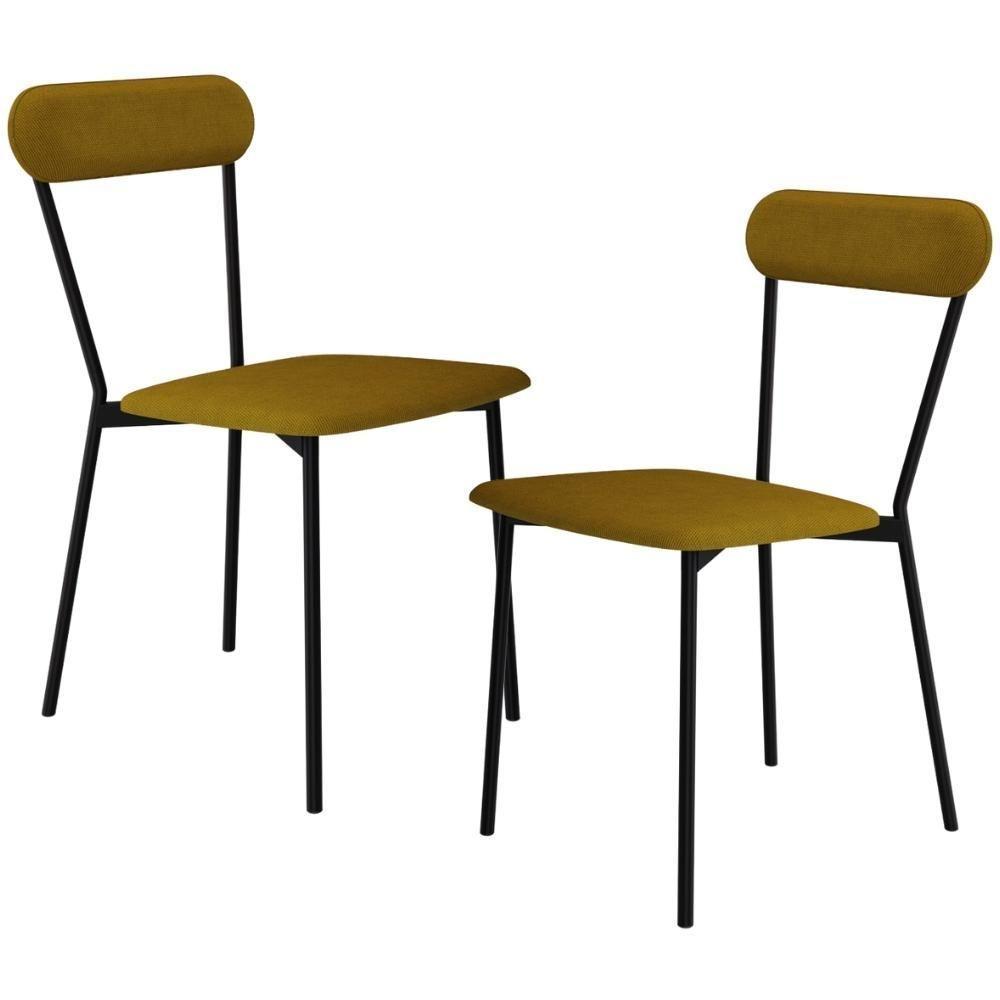 Kit 02 Cadeiras Estofada Para Sala De Jantar Liora Preto C01 Linho Mostarda - Lyam Decor - 1