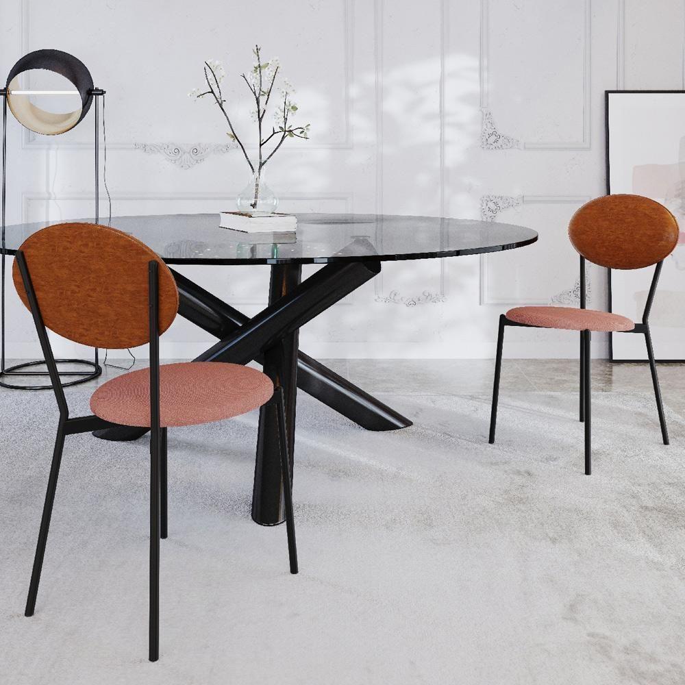 Kit 02 Cadeiras Estofada Para Sala De Jantar Azuri Preto C01 Linho Rosê Courino Caramelo - Lyam Decor - 2