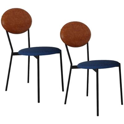 Kit 02 Cadeiras Estofada Para Sala De Jantar Azuri Preto C01 Linho Azul Courino Caramelo - Lyam Decor