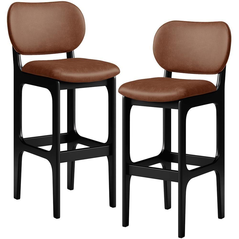 Kit 02 Banquetas Alta Para Cozinha Madeira Fixa Betta L02 Preto Couríssimo Marrom - Lyam Decor - 1
