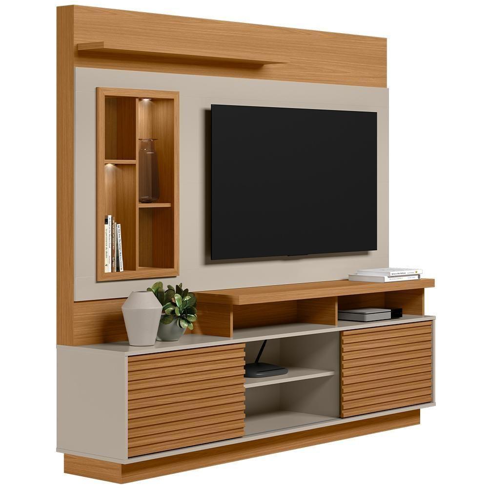 Estante Painel Para Tv 60 Pol Com Led 200cm Bacchi L05 Nature Off White - Lyam Decor - 1