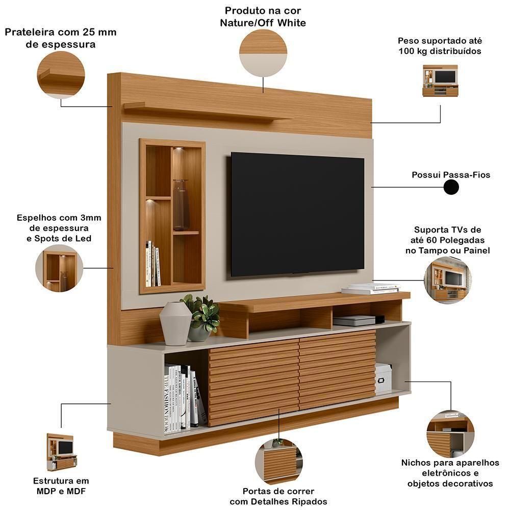 Estante Painel Para Tv 60 Pol Com Led 200cm Bacchi L05 Nature Off White - Lyam Decor - 4