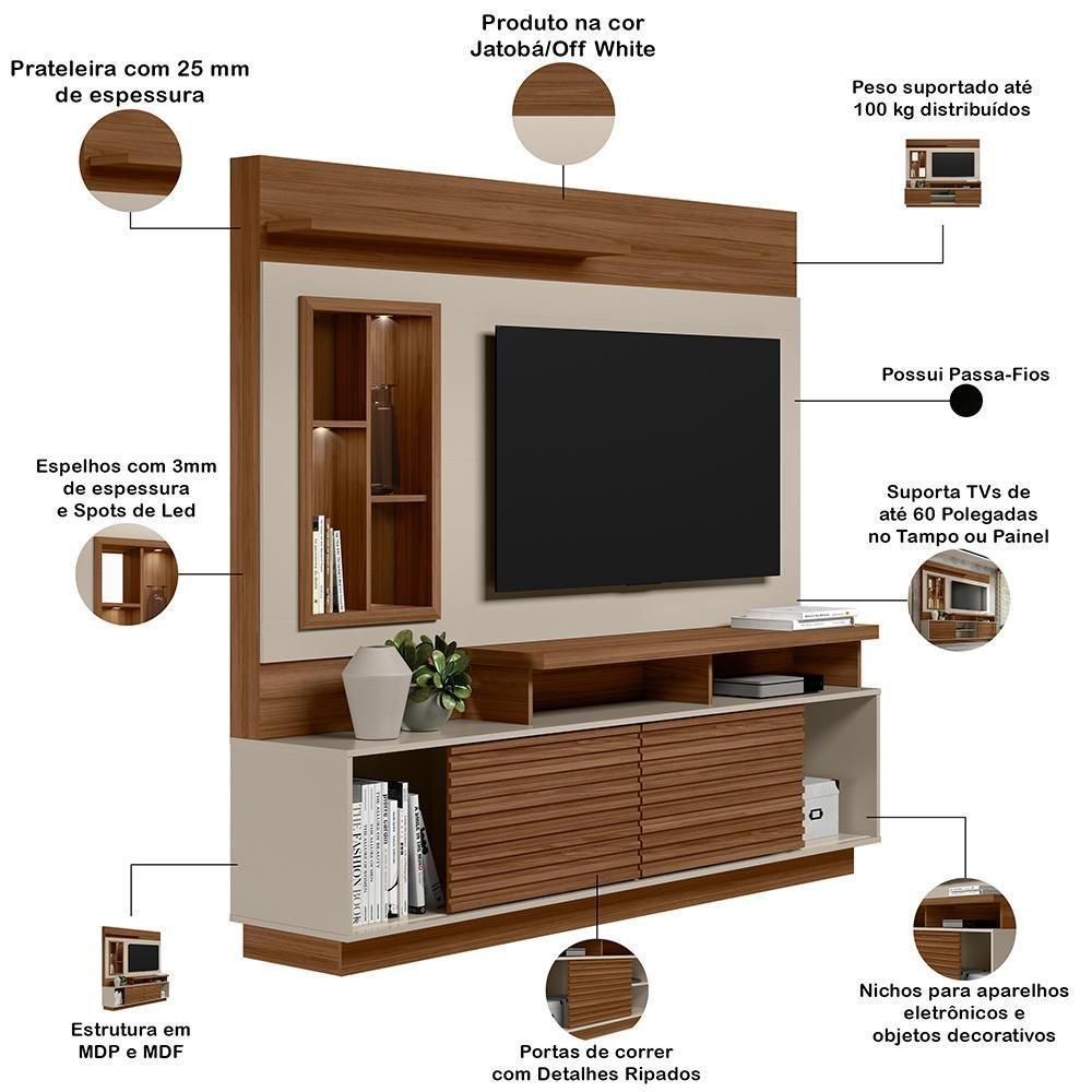 Estante Painel Para Tv 60 Pol Com Led 200cm Bacchi L05 Jatobá Off White - Lyam Decor - 4
