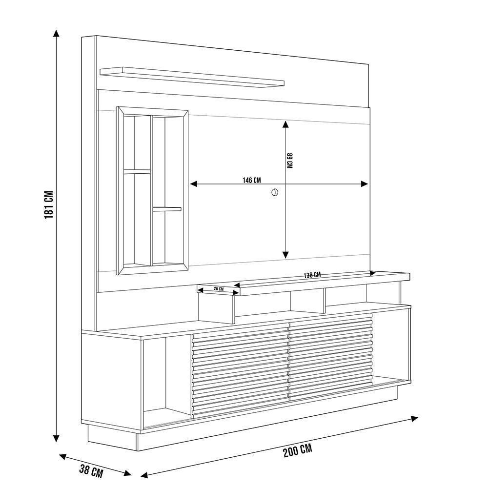 Estante Painel Para Tv 60 Pol Com Led 200cm Bacchi L05 Jatobá Off White - Lyam Decor - 5