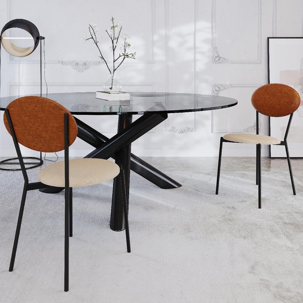 Kit 03 Cadeiras Estofada Para Sala De Jantar Azuri Preto C01 Linho Areia Courino Caramelo - Lyam Decor - 2