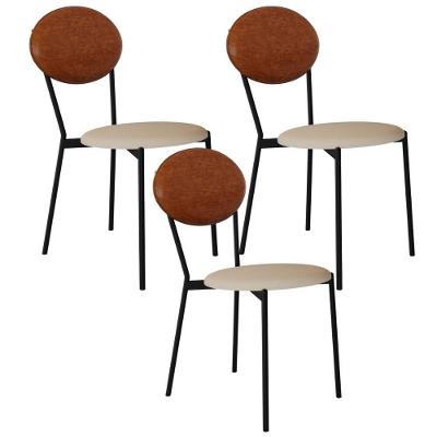 Kit 03 Cadeiras Estofada Para Sala De Jantar Azuri Preto C01 Linho Areia Courino Caramelo - Lyam Decor