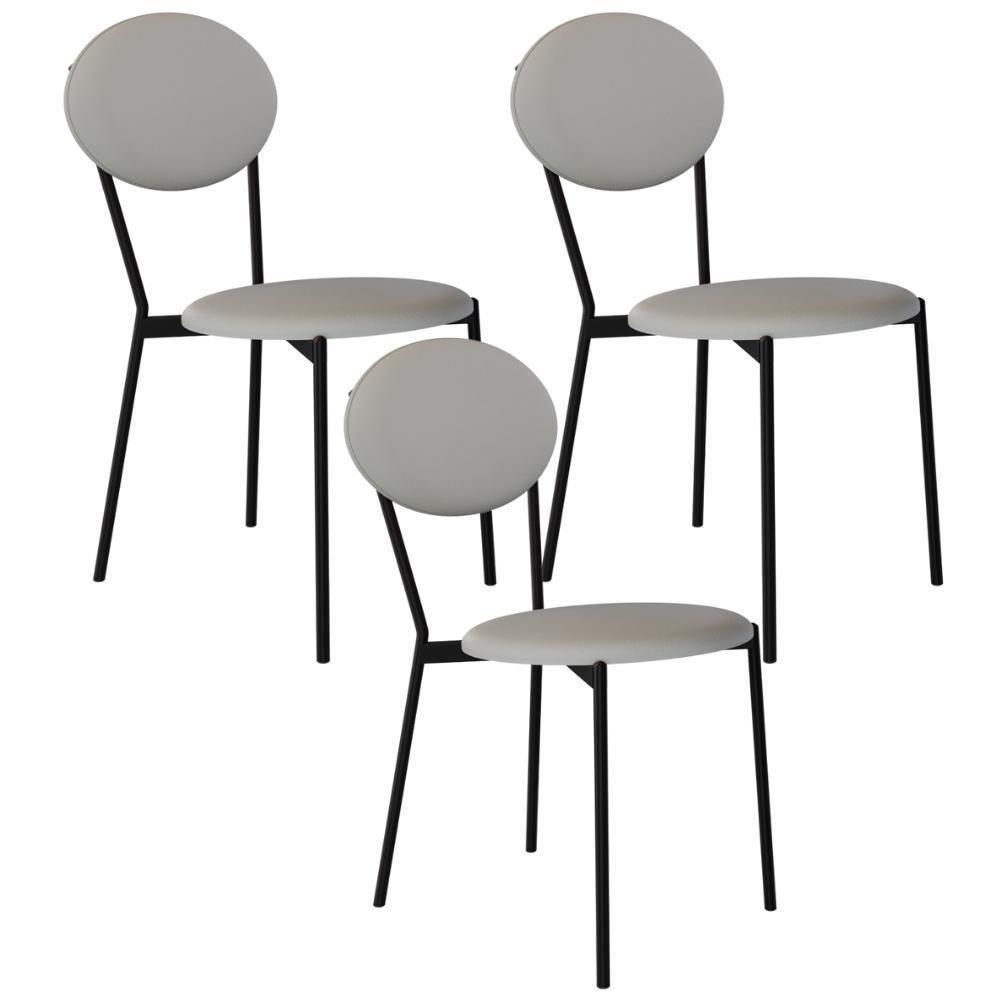 Kit 03 Cadeiras Estofada Para Sala De Jantar Azuri Preto C01 Courino Off White - Lyam Decor - 1