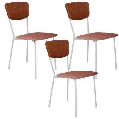 Kit 03 Cadeira Para Sala De Jantar Village Branco C01 Linho Rosê Courino Caramelo - Lyam Decor