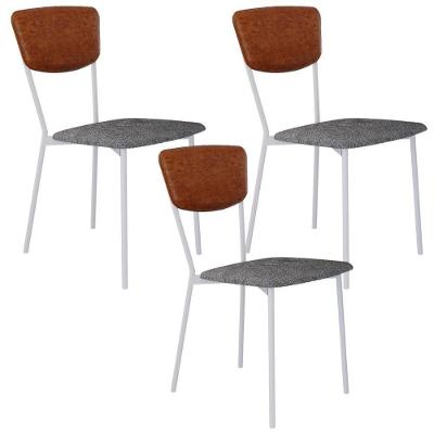Kit 03 Cadeira Para Sala De Jantar Village Branco C01 Linho Prata Courino Caramelo - Lyam Decor