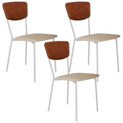 Kit 03 Cadeira Para Sala De Jantar Village Branco C01 Linho Areia Courino Caramelo - Lyam Decor