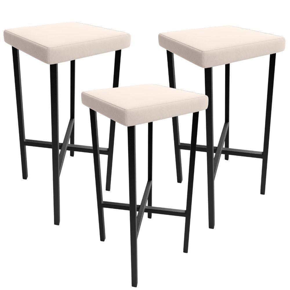 Kit 03 Banquetas Alta Bar Cozinha Sala De Jantar Preto Stella L02 Suede Bege - Lyam Decor - 1