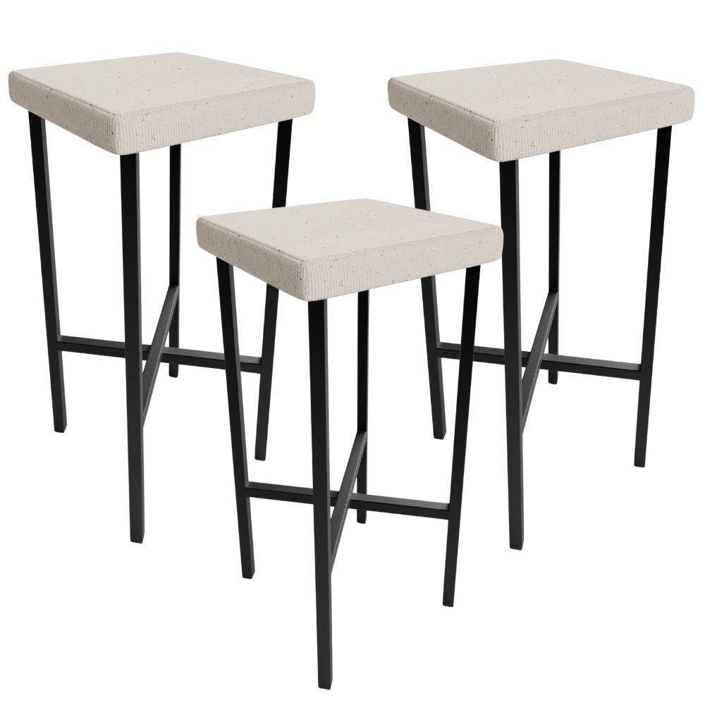 Kit 03 Banquetas Alta Bar Cozinha Sala De Jantar Preto Stella L02 Linho Cru - Lyam Decor - 1