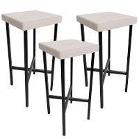 Kit 03 Banquetas Alta Bar Cozinha Sala De Jantar Preto Stella L02 Linho Cru - Lyam Decor - 1