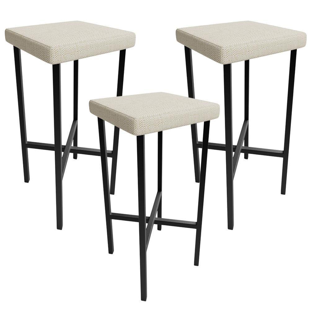 Kit 03 Banquetas Alta Bar Cozinha Sala De Jantar Preto Stella L02 Linho Champagne - Lyam Decor - 1