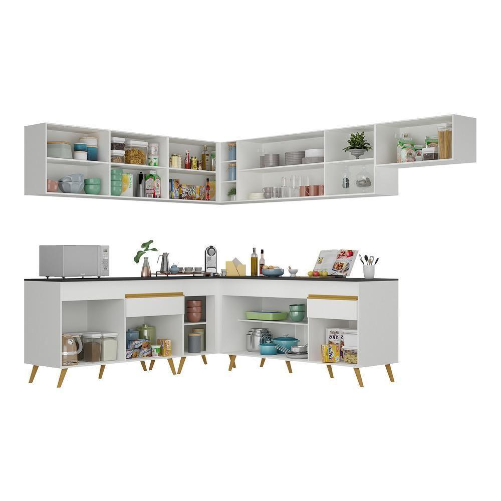 Armário De Cozinha Completa De Canto Veneza Multimóveis V2068 Branco/dourado Branco/dourado - 3