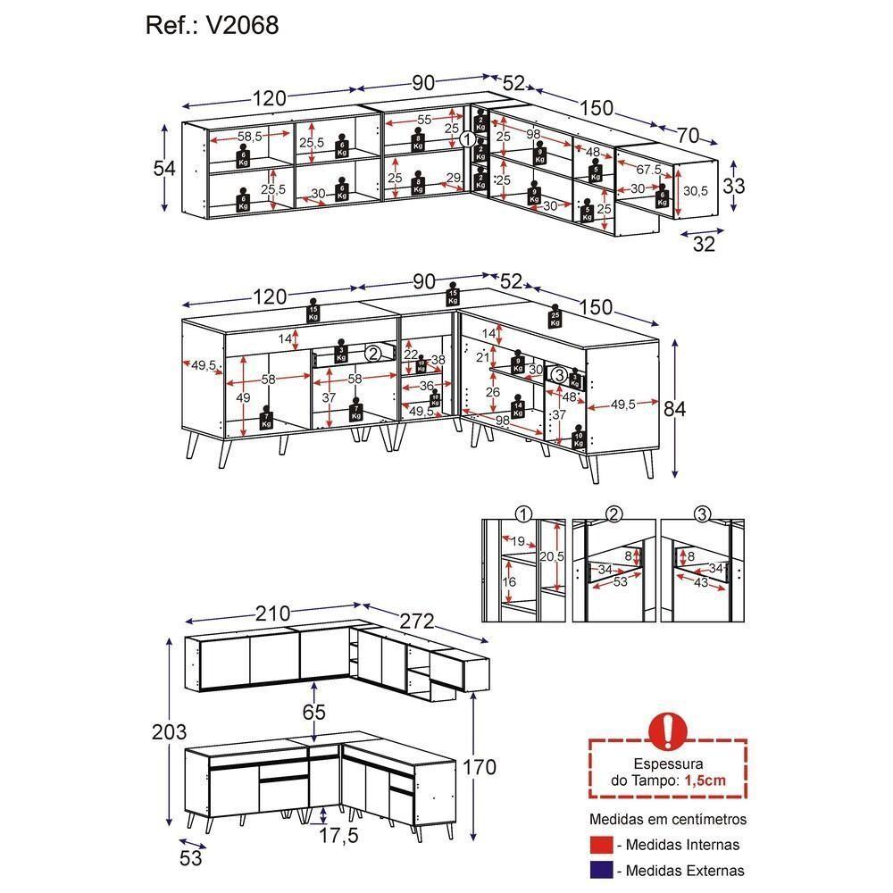 Armário De Cozinha Completa De Canto Veneza Multimóveis V2068 Branco/dourado Branco/dourado - 4
