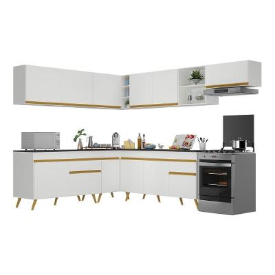 Armário de Cozinha Completa de Canto Veneza V2068 12 Portas 2 Gavetas MDP Branco-dourado