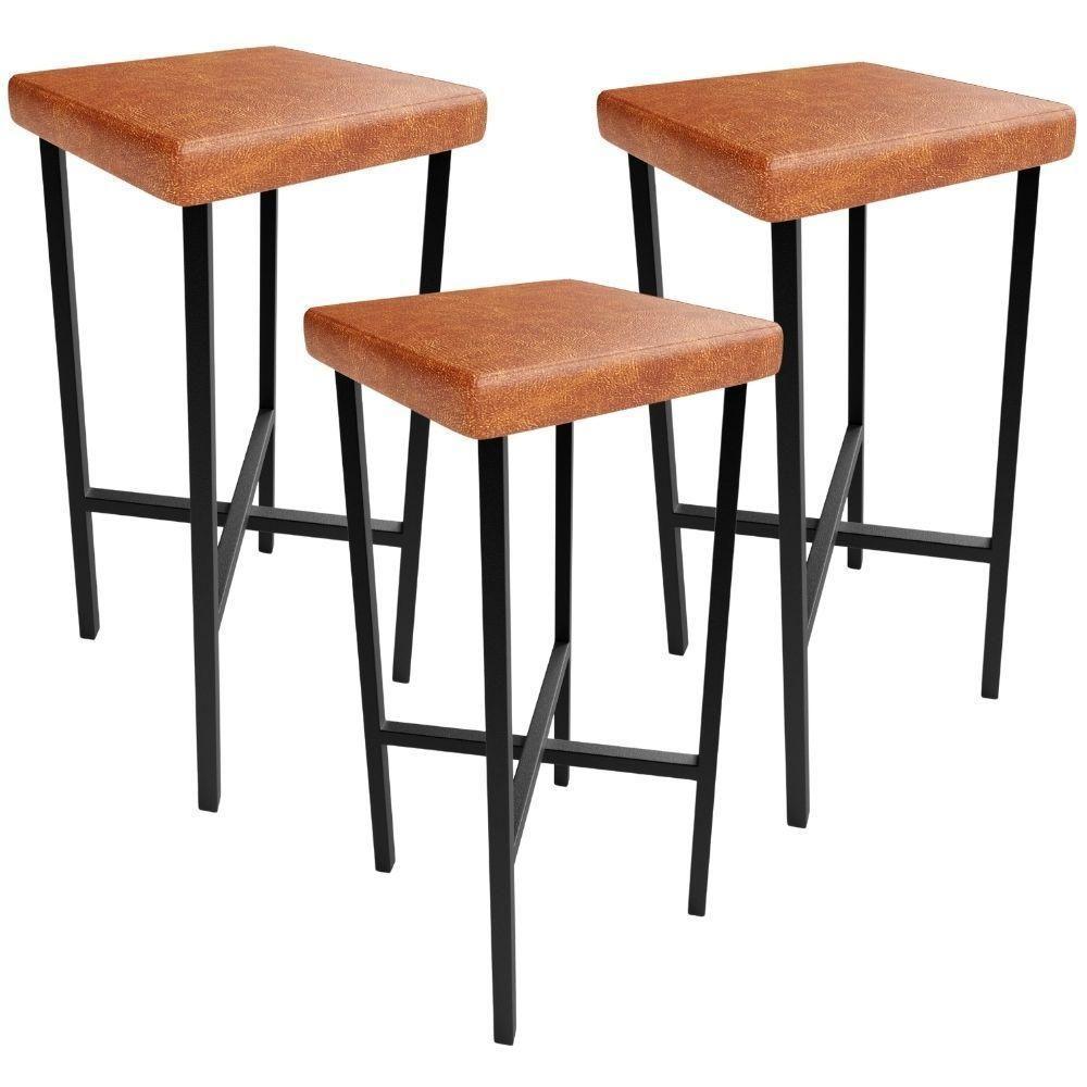 Kit 03 Banquetas Alta Bar Cozinha Sala De Jantar Preto Stella L02 Couríssimo Camel - Lyam Decor - 1