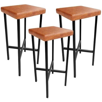 Kit 3 Banquetas Stella Assento Couro natural Estrutura Aço Alta para Cozinha e Bar Marrom