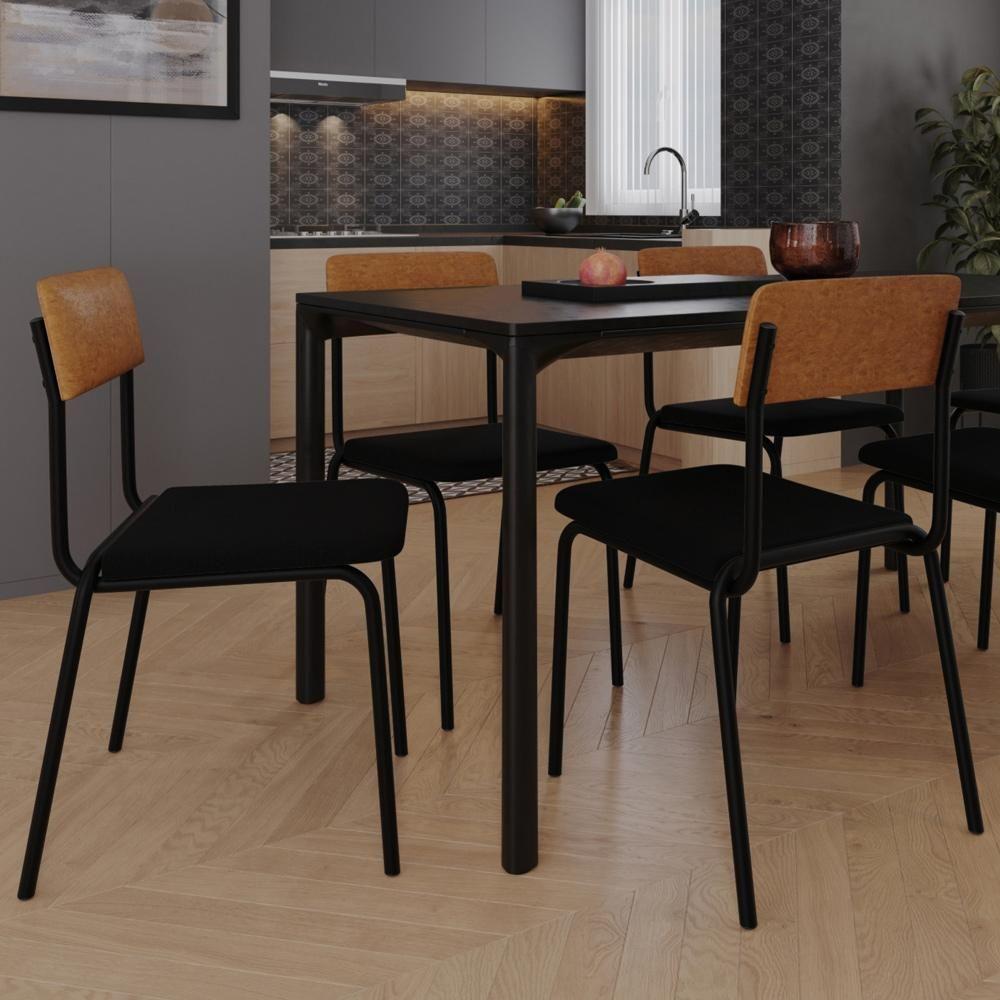 Kit 02 Cadeiras Estofada Para Sala De Jantar Sense Preto C01 Linho Preto Courino Caramelo - Lyam Decor - 2