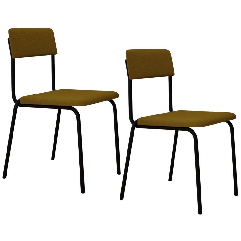 Kit 02 Cadeiras Estofada Para Sala De Jantar Sense Preto C01 Linho Mostarda - Lyam Decor - 1