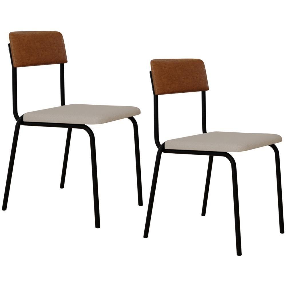 Kit 02 Cadeiras Estofada Para Sala De Jantar Sense Preto C01 Linho Palha Courino Caramelo - Lyam Decor - 1