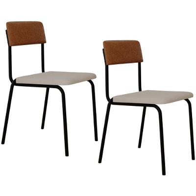 Kit 02 Cadeiras Estofada Para Sala De Jantar Sense Preto C01 Linho Palha Courino Caramelo - Lyam Decor