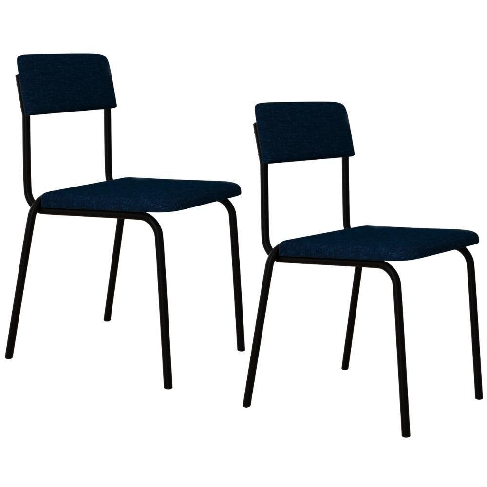 Kit 02 Cadeiras Estofada Para Sala De Jantar Sense Preto C01 Linho Azul Escuro - Lyam Decor - 1